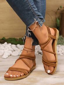 Sandal Flat Liburan Musim Panas Wanita Terbaru, Elegan & Nyaman, Motif Garis-garis, Cokelat, Ukuran Besar, Gaya Boho - Coklat - View 6