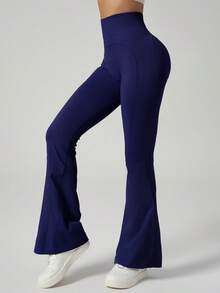 女士弹力喇叭裤弹力罗纹腰提臀舞蹈裤心形提臀瘦身长裤 - 藏蓝色 - 查看 7