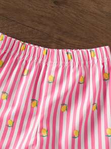 Set de 2 piezas de blusa con gráfico de limón y shorts a rayas para niñas bebé, uso casual de verano diario