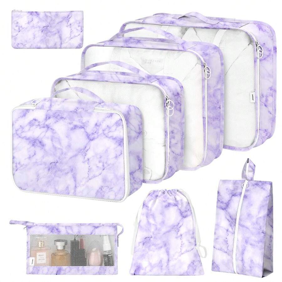 8pcs Travel Packing Cubes Set,Travel Portable Clothes Storage Bags, Compression Storage Shoe Bag, Clothing Underwear Bag, Luggage Packing Organizers,Pack Your Luggage With Ease ,Travel Essential Accessories - 紫色大理石 - 查看 1