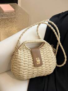 Bolso de mujer minimalista y de moda con diseño tejido de conchas, bolso de hombro/bandolera portátil con cierre de giro, adecuado para vacaciones y viajes