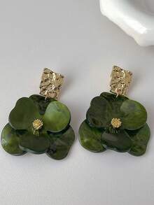 1 对金属和亚克力花卉耳钉，复古风格，奢华高端女士珠宝配饰 - 綠色 - 查看 3