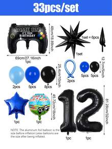 32件/33件遊戲派對用品，遊戲生日套裝，包含遊戲控制器裝飾、0-15數字氣球、爆炸星，適用於生日派對、遊戲主題派對、拍照道具，L升級版！生日派對裝飾 - 彩色 - 查看 16