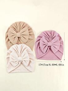 Set de 3 gorros de bebé recién nacido en unicolor, elásticos, con venda de moño - Multicolor - Ver 4
