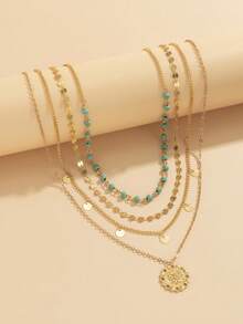 女士3入組創意時尚復古綠松石色閃耀流蘇多層串珠項鏈套裝 - 金黃色 - 查看 3