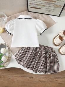 2pcs Baby Girls Casual Puff Sleeve Shirt+Plaid Ruffle Skirt Outfit, Suitable For Spring/Summer Outdoor - White - View 2