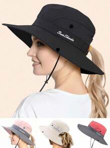 1 pièce Chapeau de soleil à large bord pour femme - Design à queue de cheval, large bord pour ombre solaire, chapeau de seau pliable pour plage et été, idéal pour la pêche, les vacances à la plage, les voyages de femmes et les activités extérieures