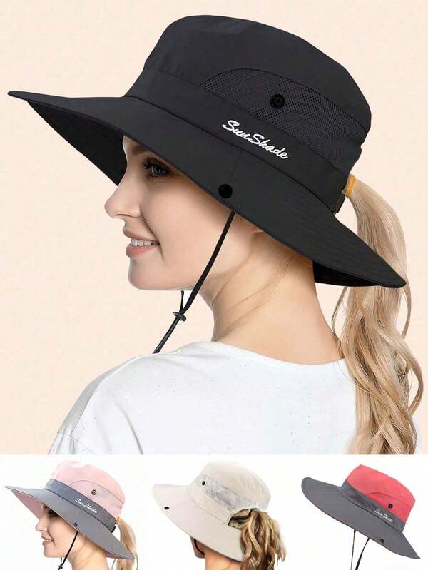 1pc Women's Wide Brim Sun Hat - Ponytail Design, Wide Brim For Sunshade Outdoor Bucket Hat,Foldable Beach Summer Fishing Hat, Ideal For Fishing, Beach Vacation, Women Travel And Outdoor Activities