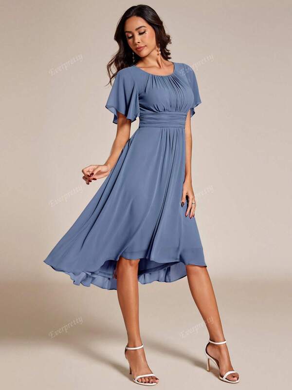 EVER-PRETTY Women's Elegant Ruffle Sleeve Pleated Floral Print Chiffon Bridesmaid Dresses Formal Dress Wedding Guest Gown For Wedding