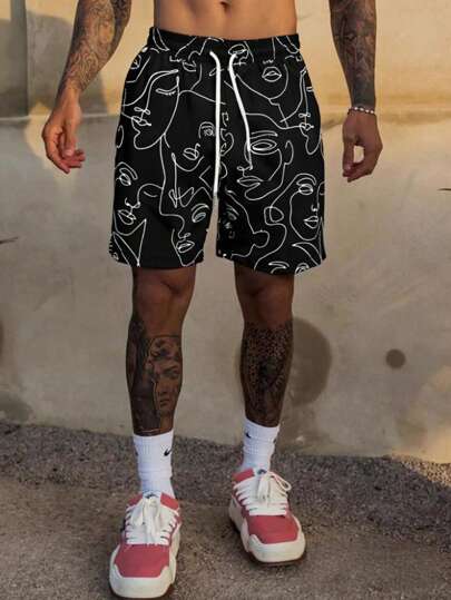 Men's Casual & Sports Graffiti Print Drawstring Beach Shorts, Quick Dry For Daily, Holiday, Summer