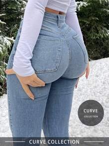 Jeans à taille haute élastique de grande taille, coupe droite, pantalon casual ample, denim stretch ajusté