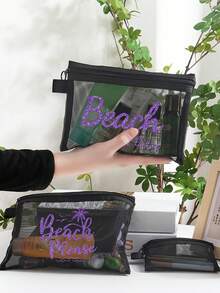Transparent Mesh Makeup Bag With Beach Letters Pattern, Portable Storage Bag, Makeup Bag, Skincare Bag, Jewelry Organizer,Lip Oil Organizer,Nail Polish Organizer Makeup Bag Storage Makeup Organizer Makeup Case,Travel Essentials, Cruise Essentials Dorm Essentials,Home Decor,Bathroom Livingroom Bedroom Decor,Bathroom Organizer,Wedding Bridesmaid Gifts,Mom Gifts,Birthday Gifts,Gifts For Friends And Teachers,Vacation Gift - Black - View 3