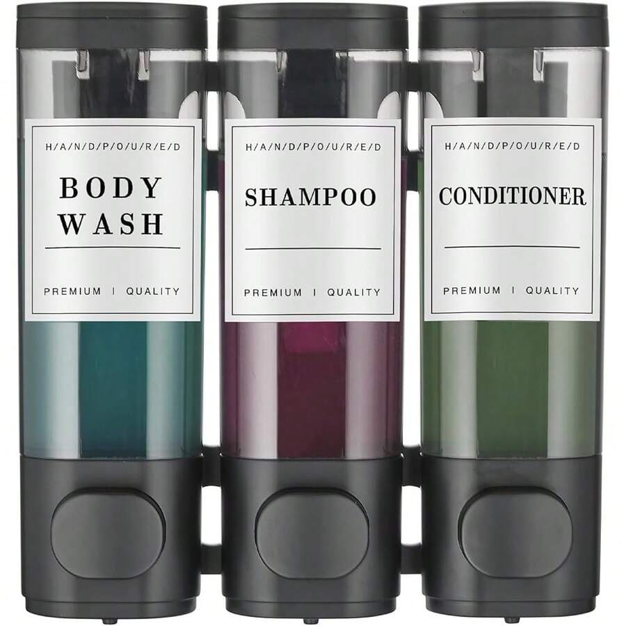 New Shampoo And Conditioner Dispenser Shower Dispenser Body Wash Wall Mounted Shampoo Dispenser For Shower Wall No Drill For Bathroom Hotel 3 Chamber X 300ml Black  Waterproof Labels - Black 3 - View 1