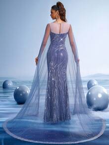 GIFORU Impresionante vestido de noche azul marino bordado con detalles de lentejuelas y capa fluida - Vestido formal elegante para bodas, galas y ocasiones especiales, vestido de fiesta, para invitados de boda - Neblina azul - Ver 3