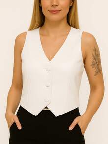 Short Social Leather Vest With Buttons, V-Neck, Sleeveless - 白色 - 查看 1