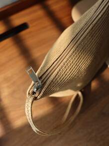 Woven Bag For Spring And Summer, Travel Organizer Bag, Solid Color Woven Storage Bag, Outdoor Portable Casual Beach Tote Handbag, Cosmetic Bag