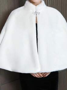 1pc Fashion Cloak With Slit, Stand Collar, High-Quality Soft Faux Fur Shawl, Suitable For Wedding, Party And Bridal Gown - White - View 4