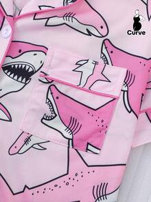 2pcs Women's Pajama Set, Shark Print, Women's Loungewear, Autumn/Winter Holiday Outfit, Long Sleeve Lapel Top And Pants, Can Be Worn Out - Pink - View 6