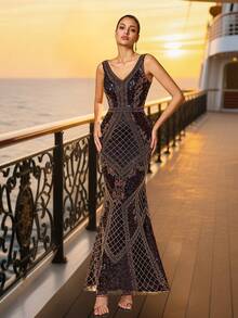 美人鱼下摆图案串珠 & 繁重工作 & 对称设计舞会礼服优雅正式晚间婚礼宾客礼服，适合毕业典礼、晚宴派对礼服 - 黑色 - 查看 9