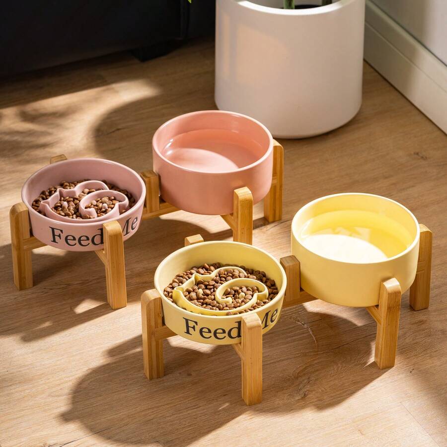 陶瓷宠物慢食碗，狗狗防吞食碗，带双碗和升高木架，宠物食品和水碗，防止窒息和秃下巴，防滑宠物用品 - 彩色 - 查看 1