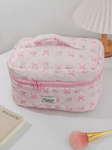 1 件/套粉色蝴蝶结和玫瑰设计大容量化妆品收纳袋带蕾丝，旅行护肤抽绳收纳袋，卫生巾包短途旅行必备时尚便携式化妆包，多功能收纳袋，可装口红、卫生巾、硬币、钥匙等，大容量可爱洗漱包，旅行收纳化妆包，母亲节礼物，返校礼物