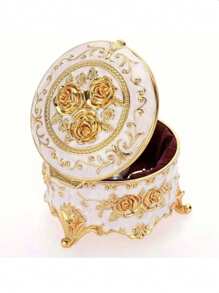 1 Pieza Caja de joyería de estilo vintage redonda, caja de almacenamiento para aretes y collares, para el Día de la Madre, para la novia, para miembros femeninos de la familia o la empresa, brillante y elegante, de moda, opción principal para regalos, necesidad de verano para mujeres, organizador de almacenamiento, regalo, de vuelta a la escuela