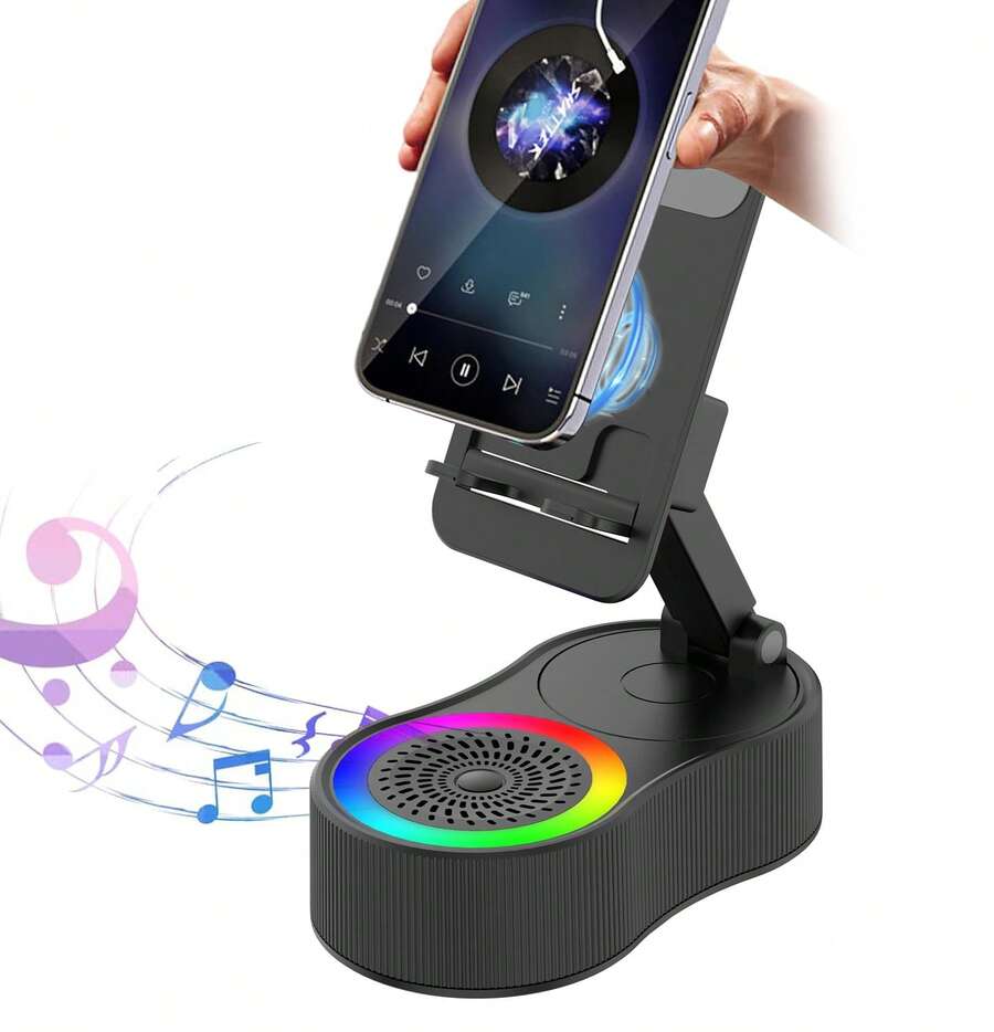 Wireless Induction Audio Bluetooth Speaker 5in1 Phone Holder Emergency Rechargeable (4000mAh) With Colorful Ambient Light Multifunctional Adjustable Stand With Charging Compatible With Tablet For Home Desk - Wireless Induction Black - View 1