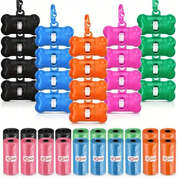 5pcs Random Dog Poop Bag+1pc Random Bone Shaped Poop Waste Bag Dispenser, Dog Poop Waste Bag Holder Container With Clip Design Leakproof Dog Pet Waste Disposal Bags Doggy Cats Waste Bags For Outdoor Pet Supplies