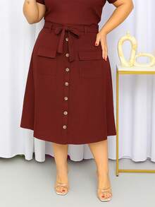 Women's Plus Size Linen Set Basic Blouse And Midi Skirt Social Evangelical Fashion Cargo Pocket With Buttons And Bow - 鏽棕色 - 查看 6