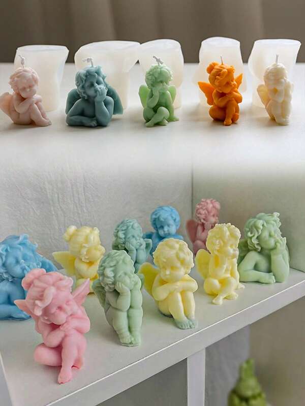 Conjunto de 5 moldes de silicone para velas de anjo, kit para fazer velas de silicone em formato de anjo 3D, moldes para artesanato, decoração de casa e fabricação de sabão - Material: Silicone, sem necessidade de fonte de alimentação