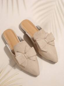 卡其色半包穆勒鞋，尖头女式一脚蹬乐福鞋，蝴蝶结装饰，优雅百搭露背设计平底鞋，适合春夏季 - 卡其色 - 查看 8