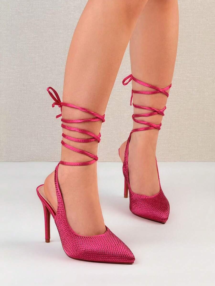 Sandales à talons hauts sexy à bouts pointus avec lacets et brillants, pour femmes