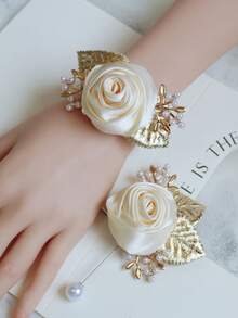 2pcs/Set Elegant Ivory Rose Flower Brooch And Wrist Corsage Set, Suitable For Bride And Groom Wedding Decor, Formal Events, Parties,Summer,Beach,Festival,Party - Beige - View 4