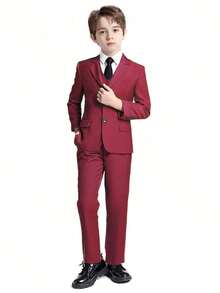 Bộ vest 5 món cho bé trai tuổi mới lớn Bộ vest Tuxedo Trang phục dự tiệc Trang phục người mang nhẫn Áo vest cưới Áo vest Quần Áo sơ mi Cà vạt Bộ vest trang trọng, màu đỏ tía Size 6-16 tuổi - Màu Đỏ Sâu - Xem 3