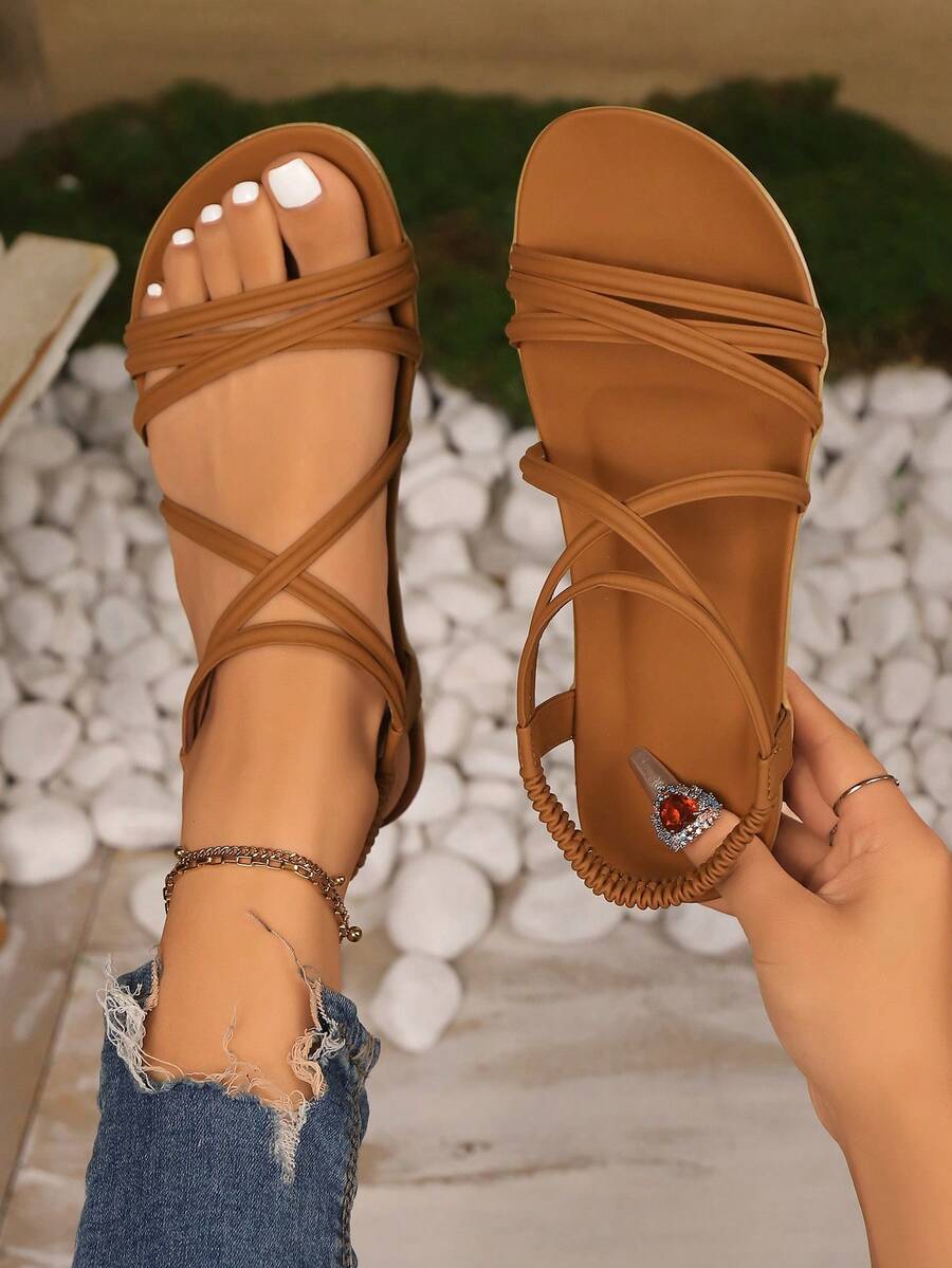 Sandal Flat Liburan Musim Panas Wanita Terbaru, Elegan & Nyaman, Motif Garis-garis, Cokelat, Ukuran Besar, Gaya Boho