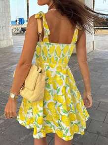 Vestidos de moda elegantes y casuales de estilo resort para mujer en primavera y verano con diseño de estampado de limón, sin tirantes, con nudo, sin mangas, escote halter y línea A, en mini longitud