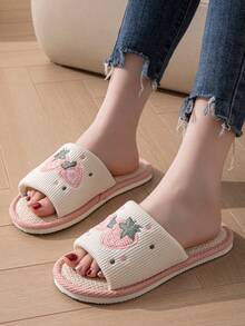 Women Casual Thermal Lined Strawberry Embroidered Indoor Slippers, Comfortable Home Slippers, Autumn/Winter - Strawberry Pink Breathable - View 2