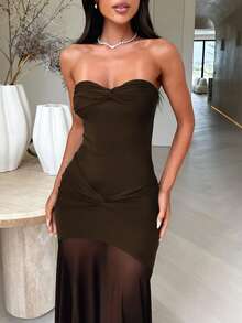 1pc Women's Elegant Party Evening Dress, Suitable For Daily Casual Wear, Wedding, Anniversary, Music Festival, Romantic Vacation, Valentine's Day, Date, Sexy Strapless Mesh Patchwork Maxi Dress, Suitable For Spring, Summer, Autumn, Winter - Coffee - View 7