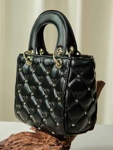 Minority High-End Dai Fei Handbag 2024 New Fashion Diamond Plaid Bow Pearl Pendant Handbag, Shoulder Messenger Bag, Gift, Travel Party Travel Essential. Winter Gifts - Black - View 3