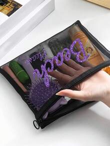 Transparent Mesh Makeup Bag With Beach Letters Pattern, Portable Storage Bag, Makeup Bag, Skincare Bag, Jewelry Organizer,Lip Oil Organizer,Nail Polish Organizer Makeup Bag Storage Makeup Organizer Makeup Case,Travel Essentials, Cruise Essentials Dorm Essentials,Home Decor,Bathroom Livingroom Bedroom Decor,Bathroom Organizer,Wedding Bridesmaid Gifts,Mom Gifts,Birthday Gifts,Gifts For Friends And Teachers,Vacation Gift - Black - View 7