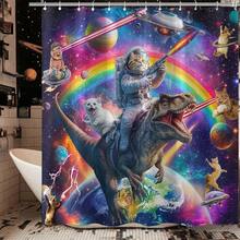New Fowocu Funny Cat Dinosaur Shower Curtain Fun Cool Colorful Space Cats Shower Curtains For Bathroom Fantasy Galaxy Universe Anime Kids Waterproof Fabric Bath Curtain Dr 72 X 72 Inch - 紫色 72 英吋寬 x 72 英吋長(1 包) - 查看 3