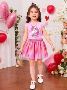 Vestido tipo tutú con talle en tejido de punto estampado con unicornio, manga corta, cuello redondo, combinado con tela plisada en color rosa tornasol. - Rosa - Ver 3