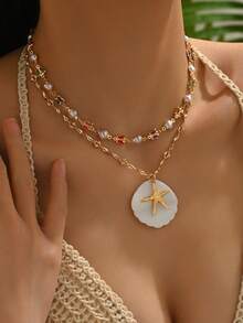 2 Pieces Set Summer Colorful Butterfly Crystal & Pearl Beaded Metal Seashell & Starfish Necklace, Double Layer Handmade Chain Adjustable Length Necklace, Suitable For Daily Wear, Dating And Photo Shoot. Natural Seashell Colors And Patterns Are Random. - Gold - View 2