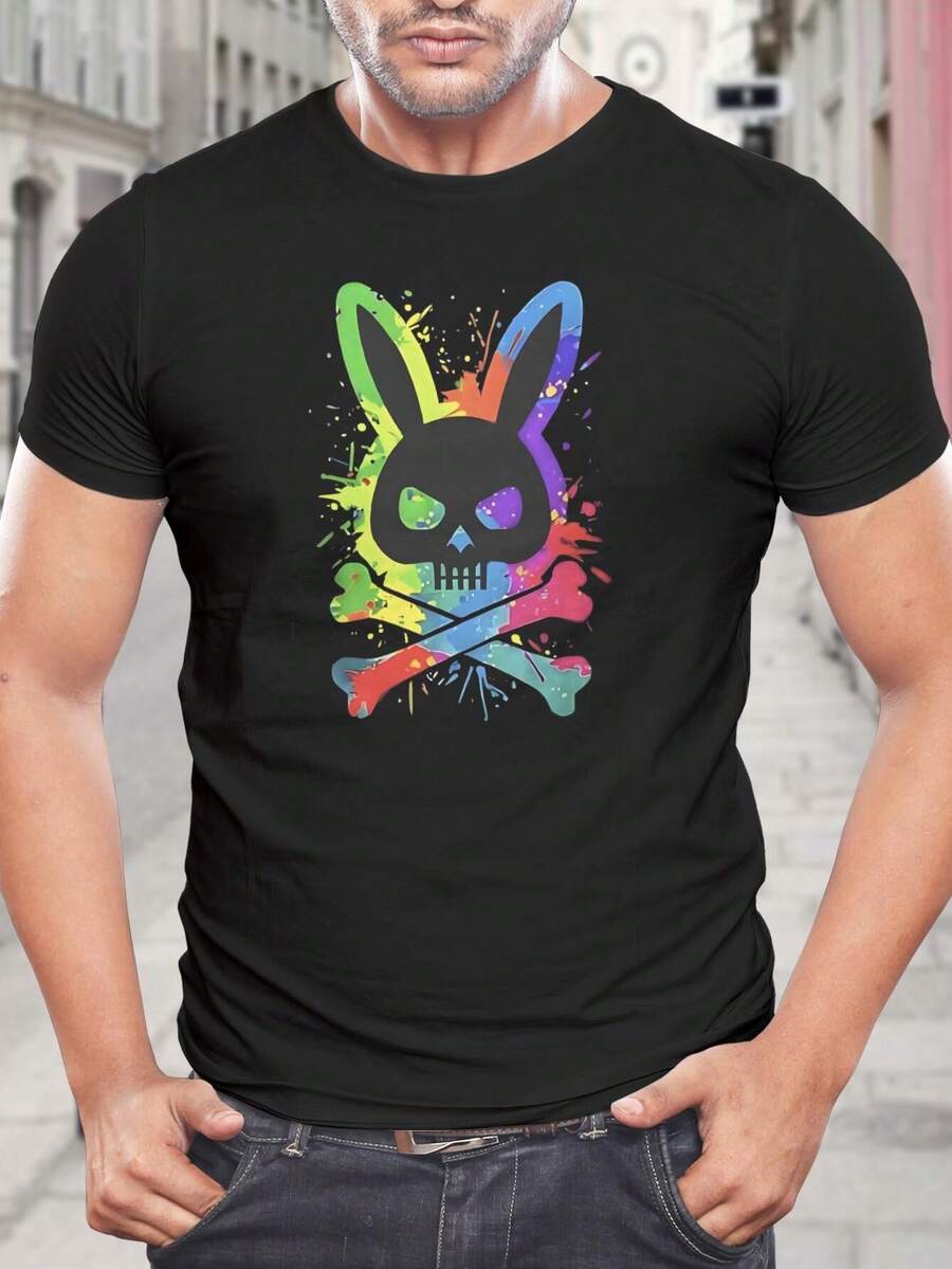 Camiseta de calavera de conejo para hombre - Camiseta gráfica de calavera de conejo colorida con tibias cruzadas - Regalo único para Pascua y Halloween - Camiseta casual de cuello redondo de algodón suave - Negro - Ver 1