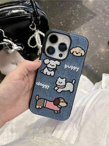 1pc Denim Embroidered Dog Graphics Full Protective Shock Proof Phone Case Compatible With Apple Phones Waterproof Anti-Fall Scratch Resistant - Brown - View 3