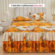 3 Piece Skin-Friendly Soft Floral Print Bedding Set (1 Bed Skirt + 2 Pillow Shams), Moisture-Wicking, Anti-Wrinkle, All Season Use, Exquisite Printing, Fashionable & Stylish, Suitable For Bedroom & Hotel