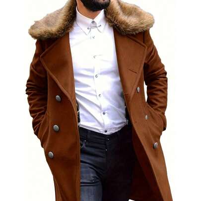 Local Delivery-Top Coat Double Breasted Business Long Pea Coat Men's Winter Trench Overcoat Removable Faux Fur Collar