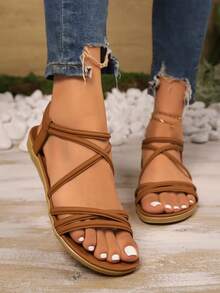 Sandal Flat Liburan Musim Panas Wanita Terbaru, Elegan & Nyaman, Motif Garis-garis, Cokelat, Ukuran Besar, Gaya Boho - Coklat - View 3