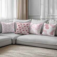 4pcs Set Green Minimalist Daily Use Pink Floral Geometric Pattern Throw Pillow Cover, Single-Sided Printed Peach Velvet Fabric, 45*45cm/18*18inch Cushion Cover For Modern Sofa, Indoor Decor, Party Decor, Gift - Multicolor - View 7