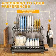 Three-In-One Dish Rack, Chopstick Holder And Chopping Board Rack, Retractable Storage Under The Counter, No Need To Drill Holes, Retractable Draining Storage Rack, Anti-Rust And Anti-Mold Countertop Storage Tool - Lớp kép màu đen - Xem 7